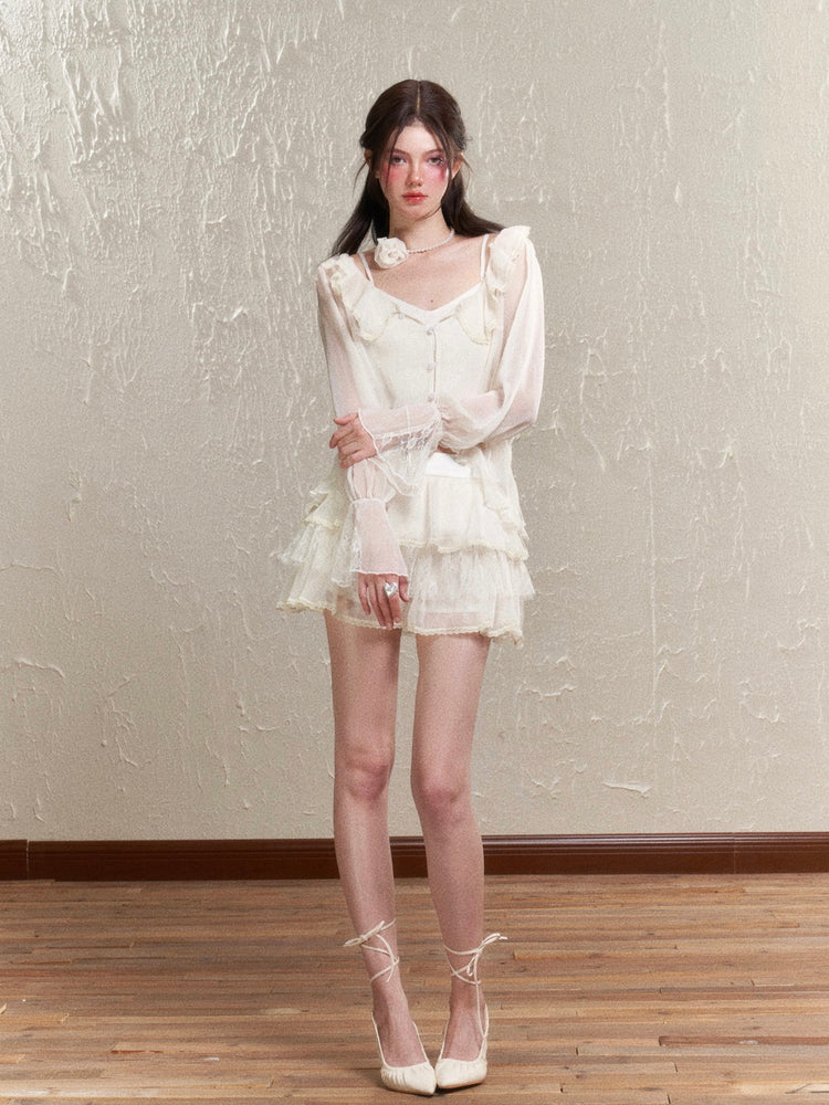 Sheer Frill Lace Feminine Blouse & Mini-Skirt