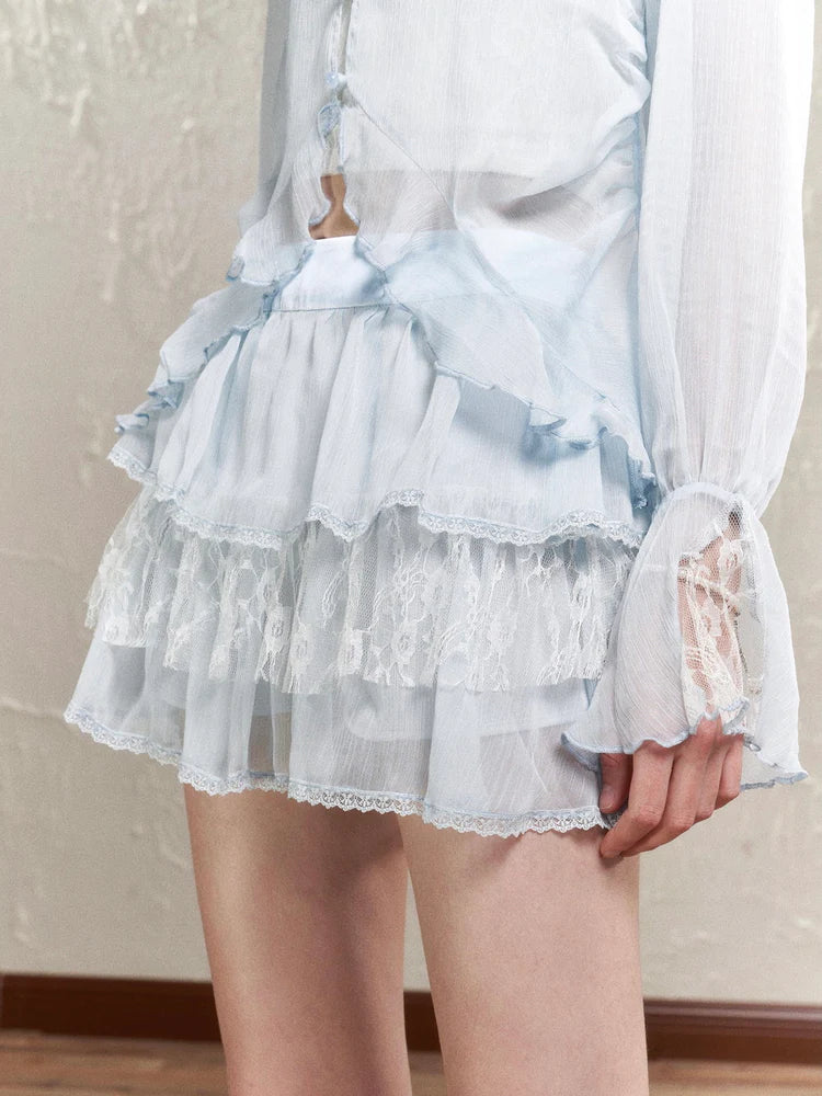 Sheer Frill Lace Feminine Blouse & Mini-Skirt