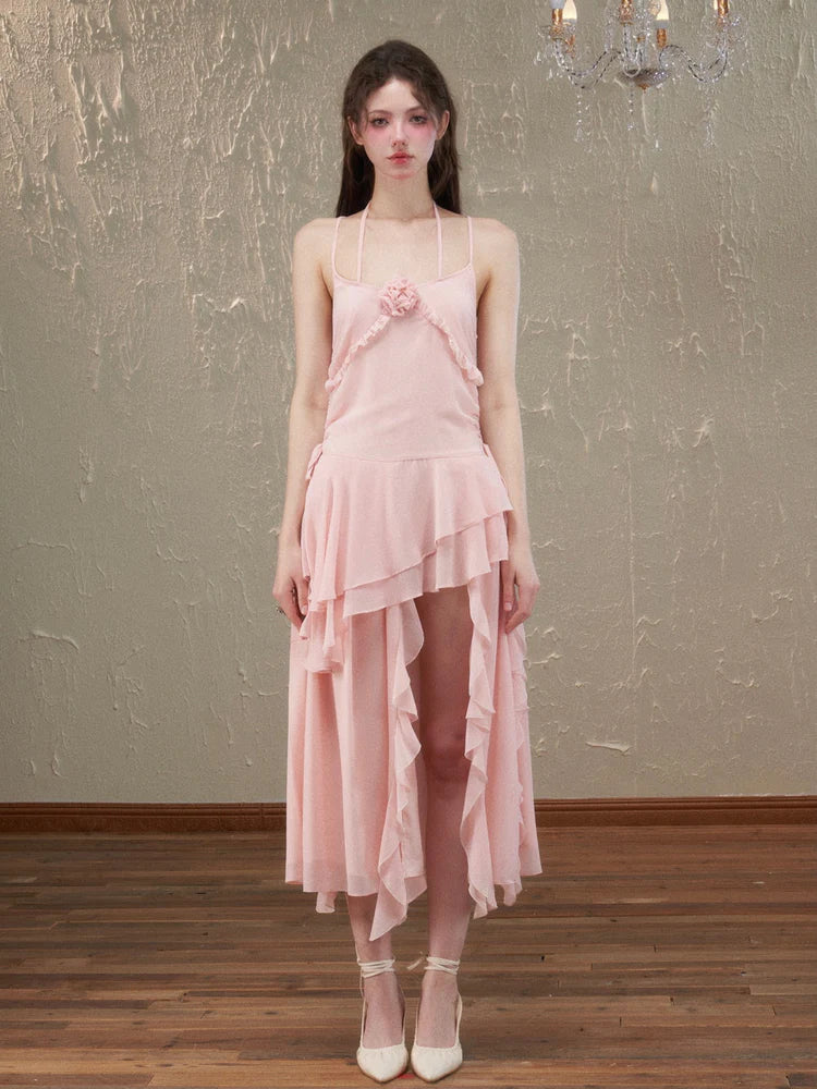 Asymmetry Ciffon Tiered Feminine Rose Long-One-Piece