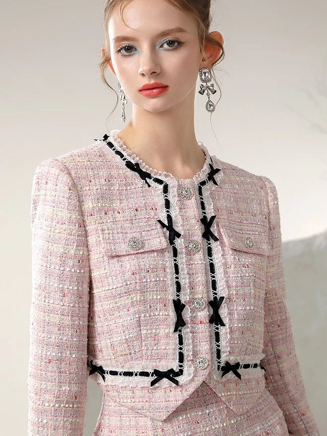 Tweed Suit Ribbon Feminine Jacket ＆ Mini-Skirt