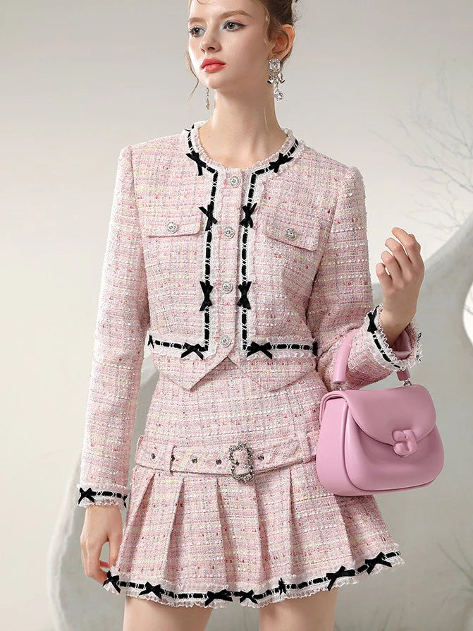 Tweed Suit Ribbon Feminine Jacket ＆ Mini-Skirt