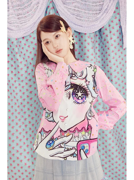 Shimizu Illustration Big Eyes Cute Girl Star Pattern Shirt