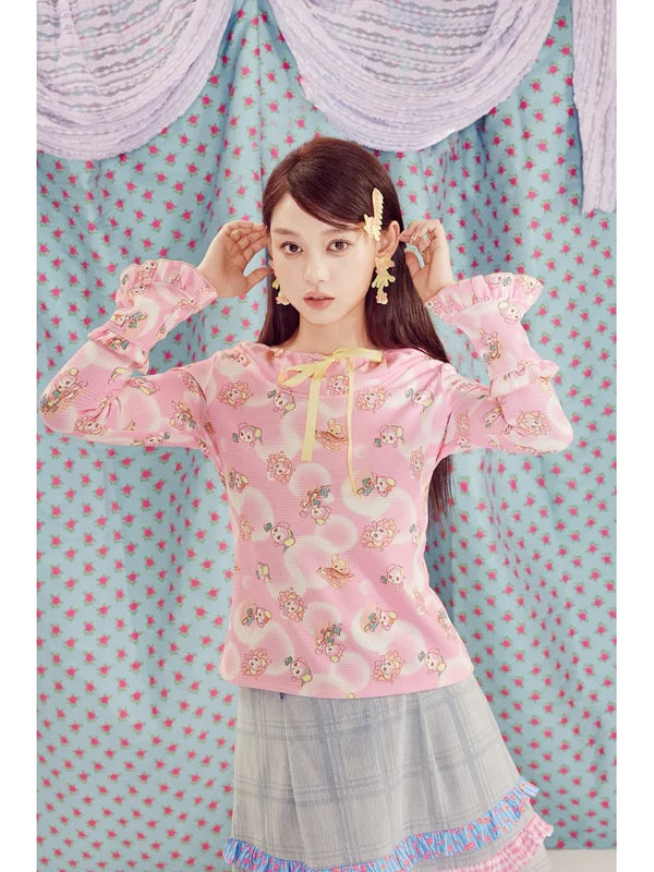 Shimizu Illustration Cute Bear Geometric Pattern Bell Sleeve Knit Tops