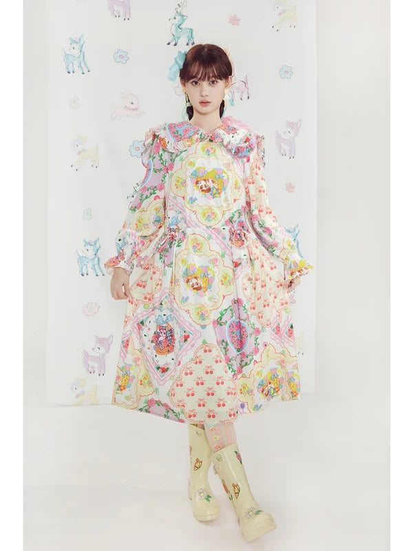 Shimizu Illustration Bear & Girl Print Princess A-line Dress