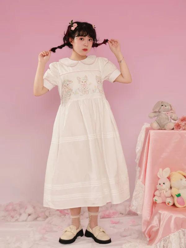 Vintage Animal Embroidery Hand Doll Collar Dress