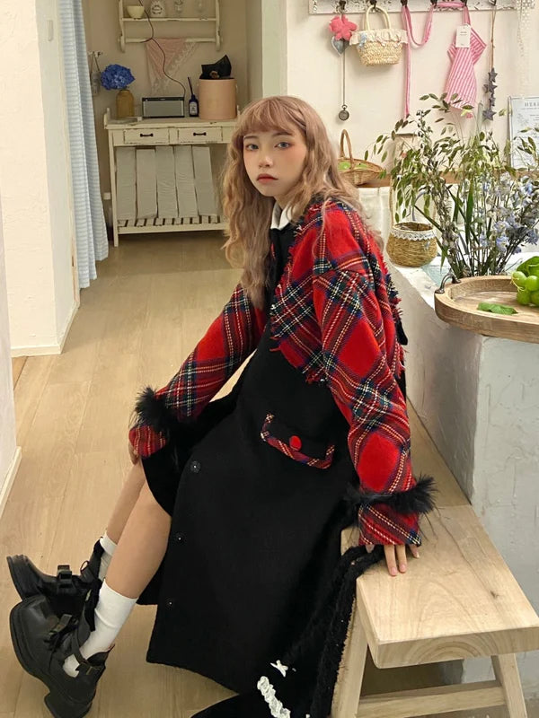 Retro Plaid Long Wool Coat