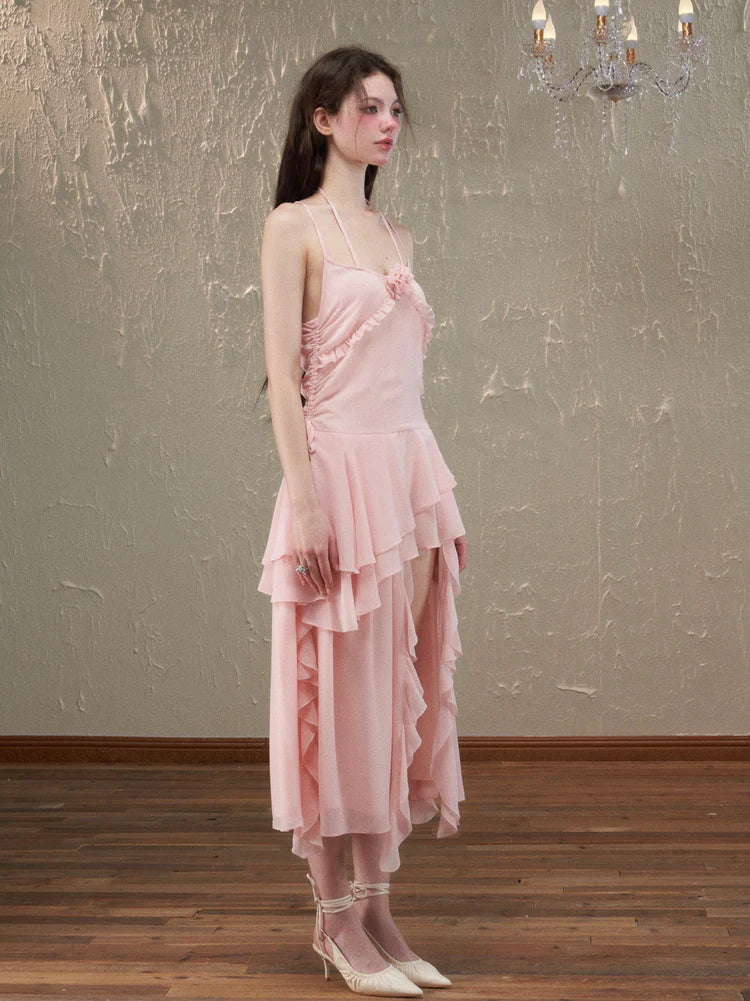 Asymmetry Ciffon Tiered Feminine Rose Long-One-Piece