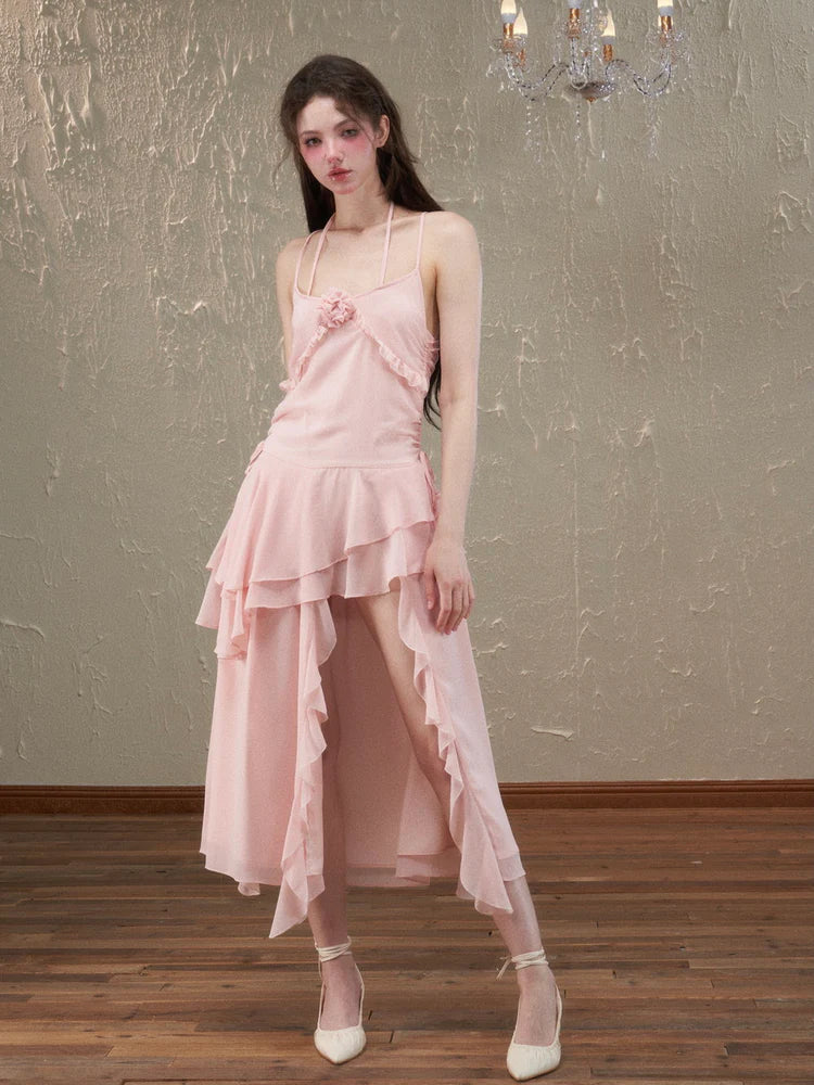 Asymmetry Ciffon Tiered Feminine Rose Long-One-Piece