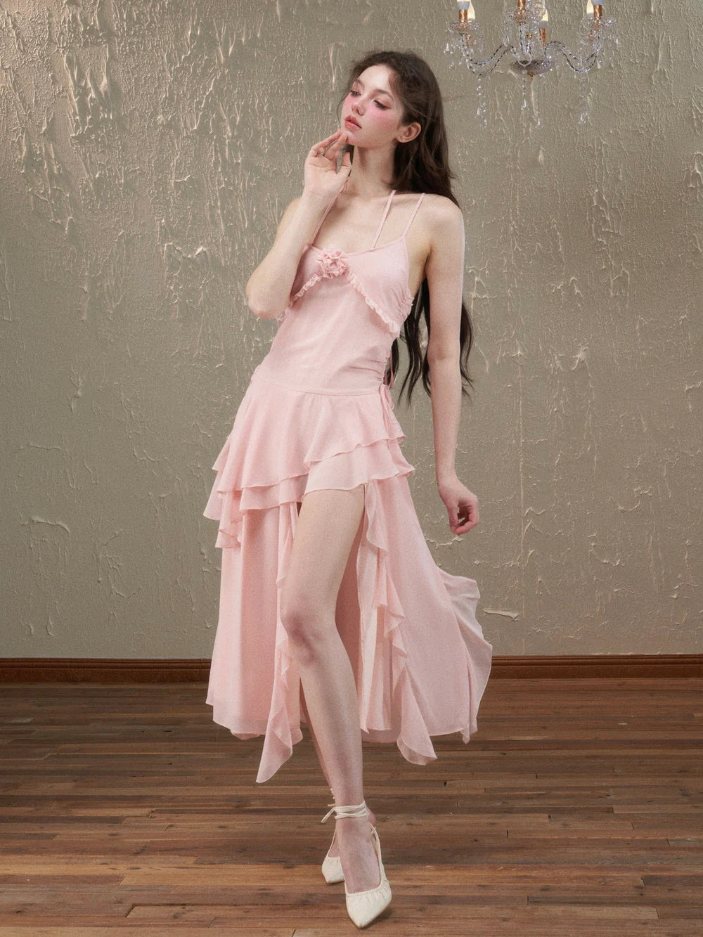 Asymmetry Ciffon Tiered Feminine Rose Long-One-Piece