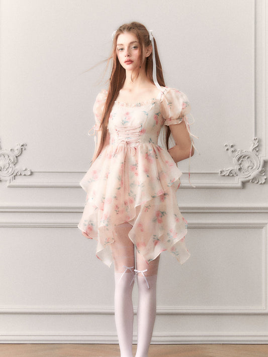 Ciffon Puff-Sleeve Princess Flower Asymmetry Lace-Up Dress