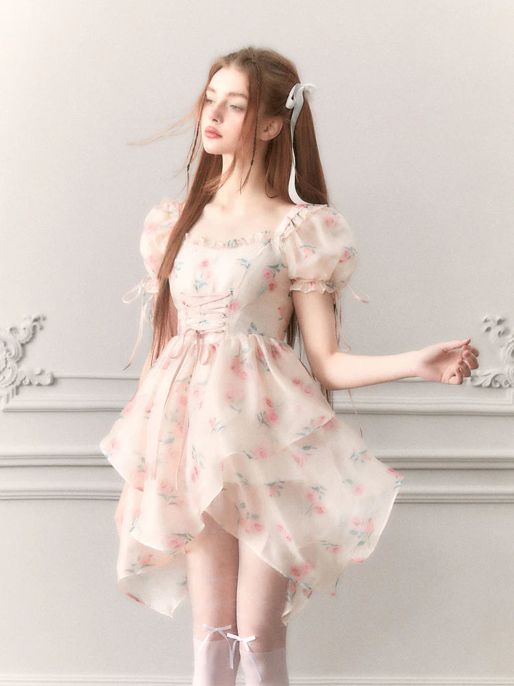 Ciffon Puff-Sleeve Princess Flower Asymmetry Lace-Up Dress