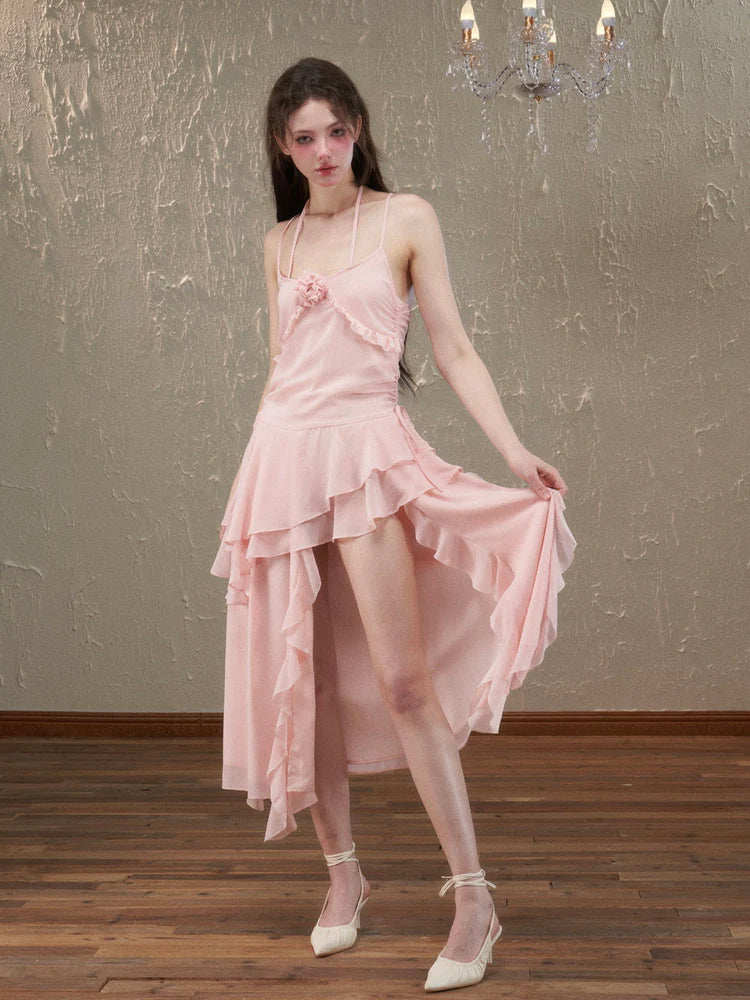 Asymmetry Ciffon Tiered Feminine Rose Long-One-Piece