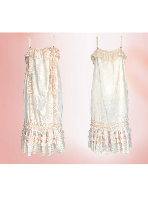 French Retro Ruffle Lace Embroidery Cami Dress