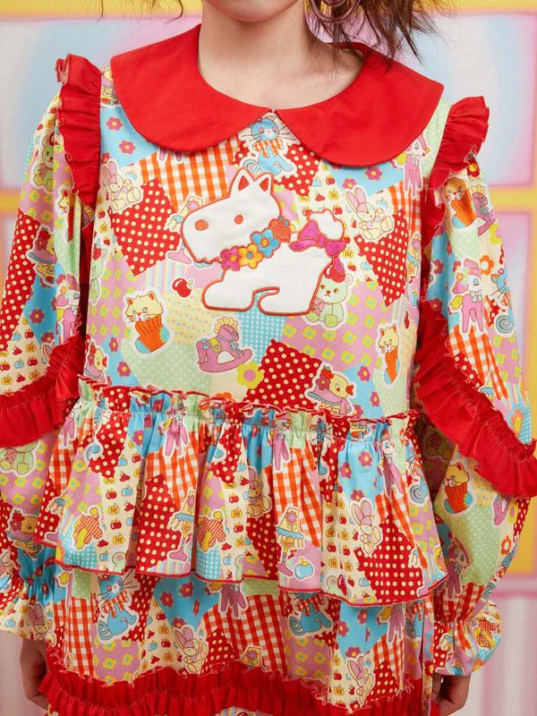 Plaid Doll Collar Print Cartoon Dress