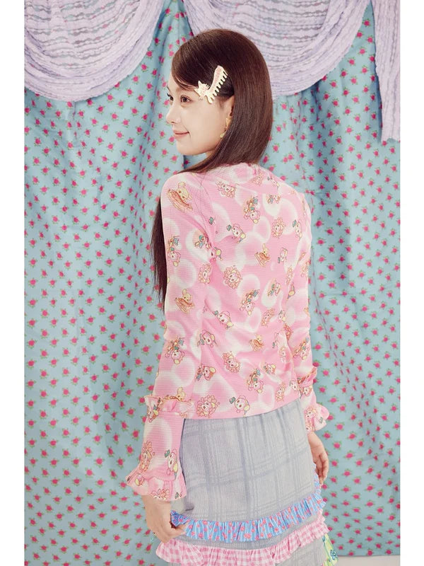 Shimizu Illustration Cute Bear Geometric Pattern Bell Sleeve Knit Tops