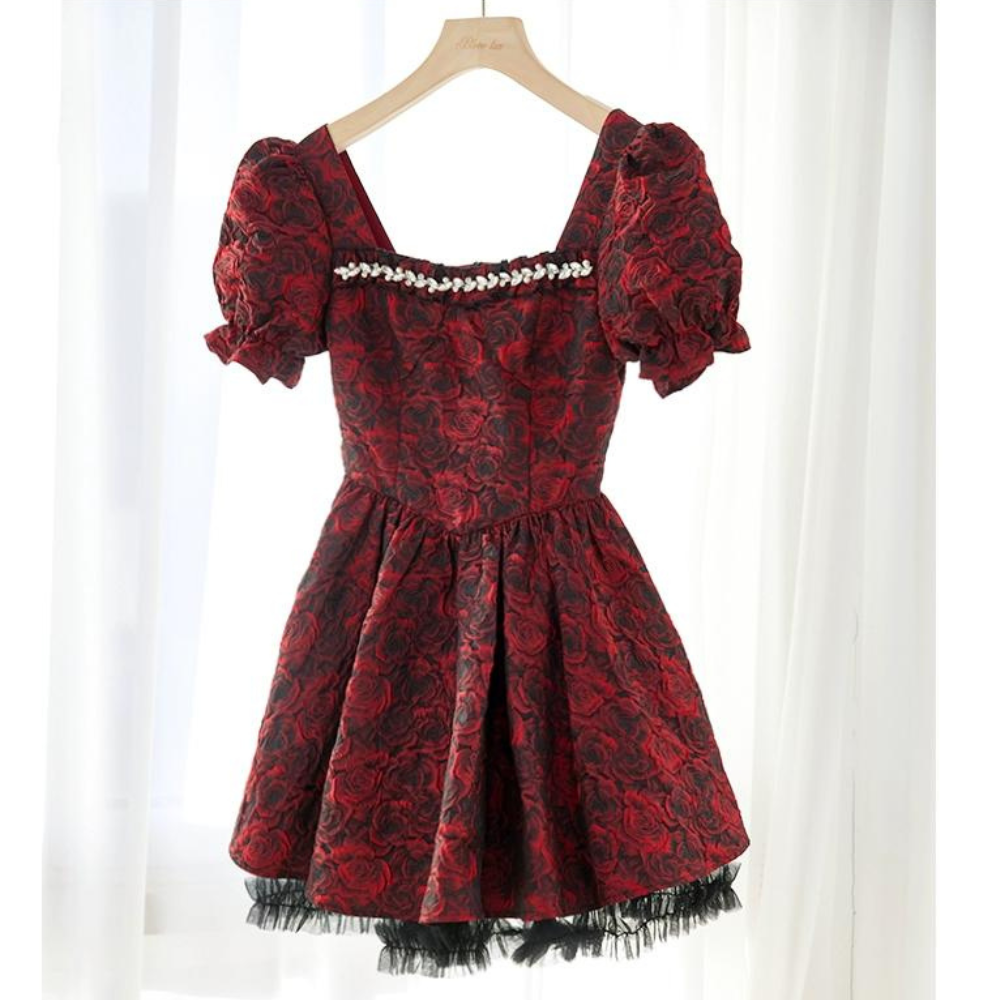 Rose short skirt square-neck lace dress #PN-5011