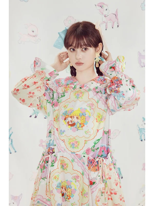 Shimizu Illustration Bear & Girl Print Princess A-line Dress