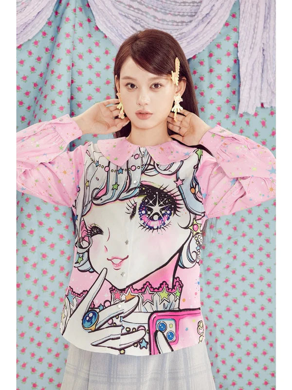 Shimizu Illustration Big Eyes Cute Girl Star Pattern Shirt