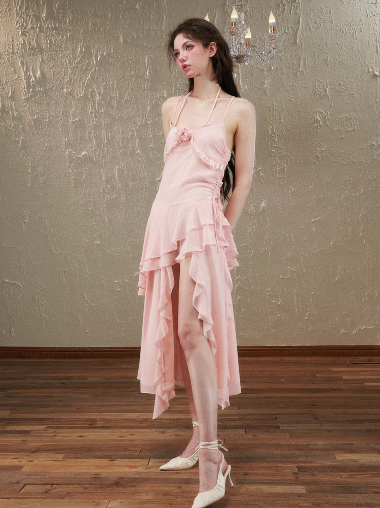 Asymmetry Ciffon Tiered Feminine Rose Long-One-Piece