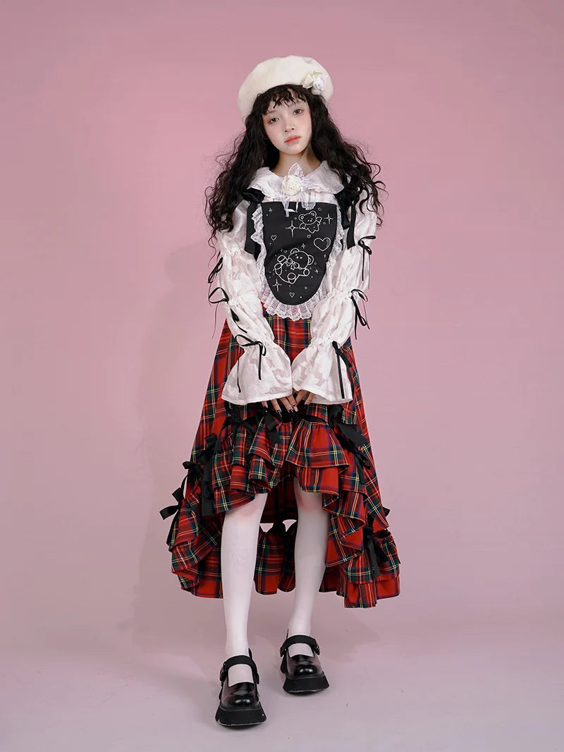 Fish-Tail Plaid Cat Ribbon Frill Gothic Lorita Skirt