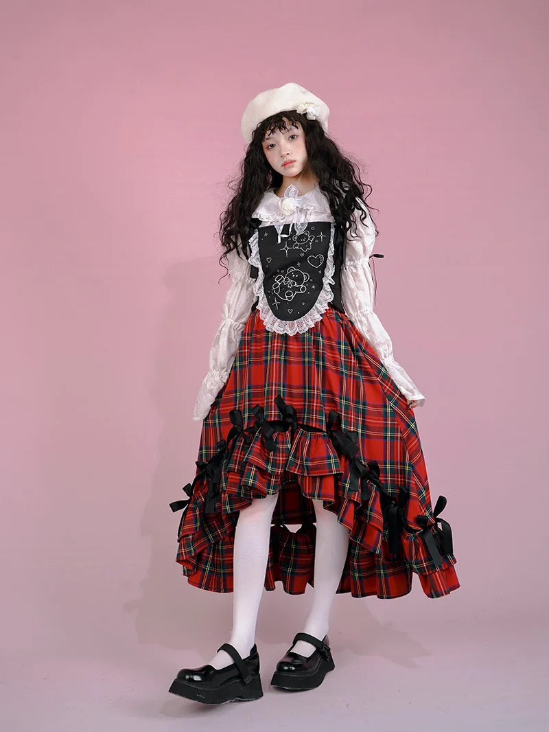 Fish-Tail Plaid Cat Ribbon Frill Gothic Lorita Skirt