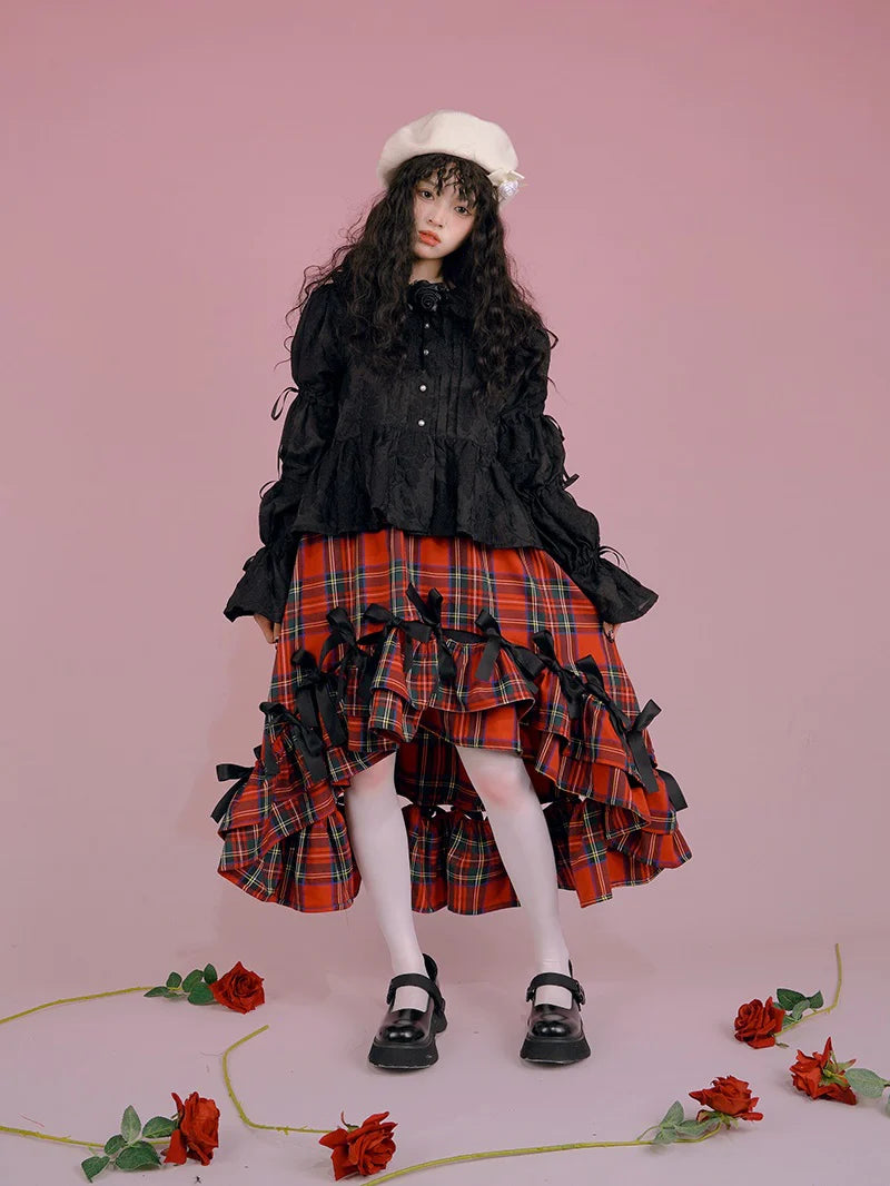 Fish-Tail Plaid Cat Ribbon Frill Gothic Lorita Skirt