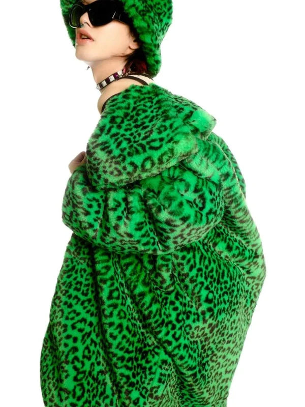 Leopard Print Long Fur Coat and Hat