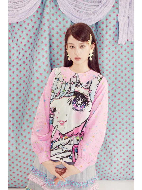 Shimizu Illustration Big Eyes Cute Girl Star Pattern Shirt