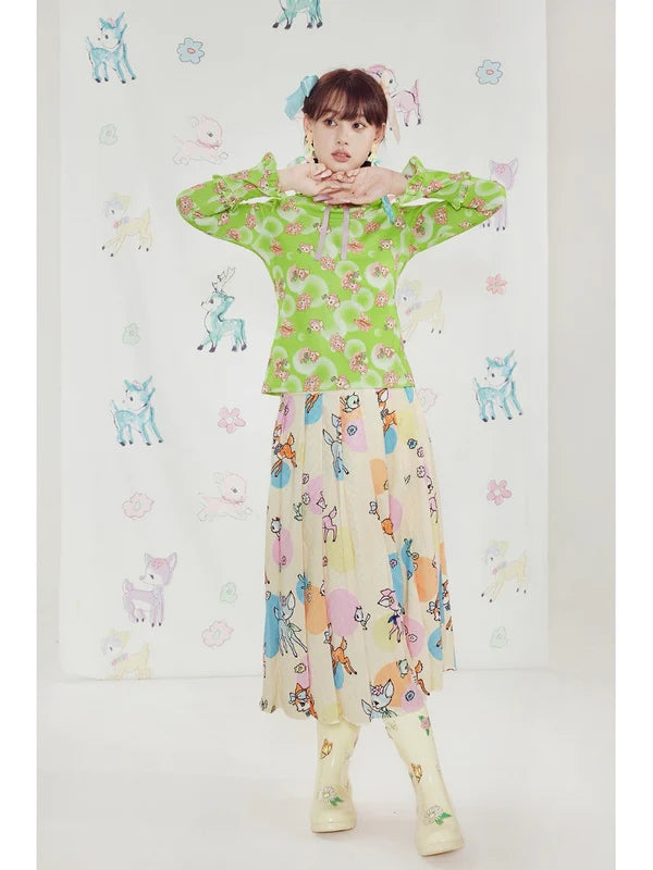 Shimizu Illustration Cute Bear Geometric Pattern Bell Sleeve Knit Tops