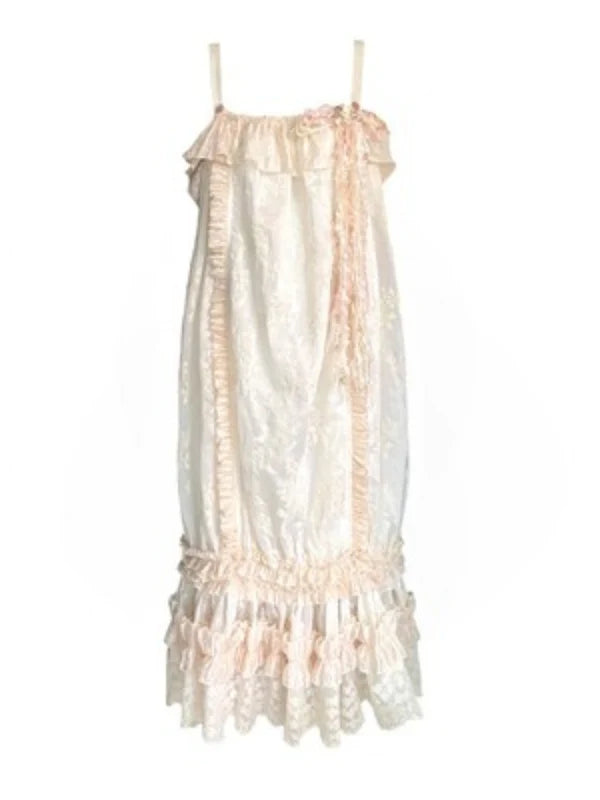 French Retro Ruffle Lace Embroidery Cami Dress