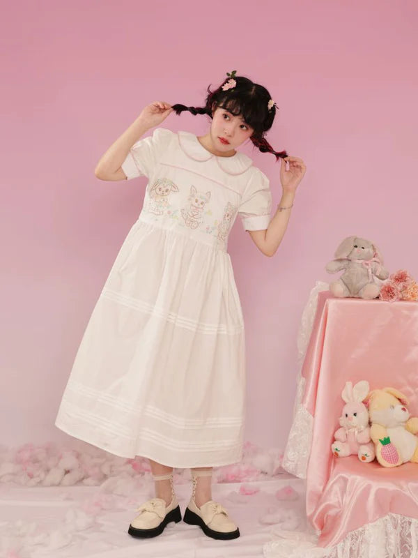 Vintage Animal Embroidery Hand Doll Collar Dress