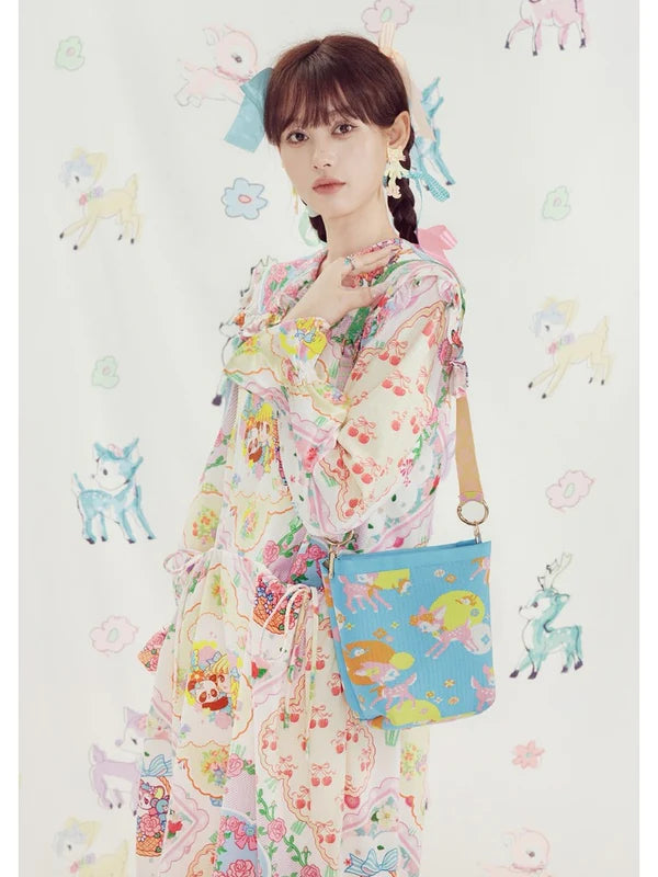 Shimizu Illustration Bear & Girl Print Princess A-line Dress