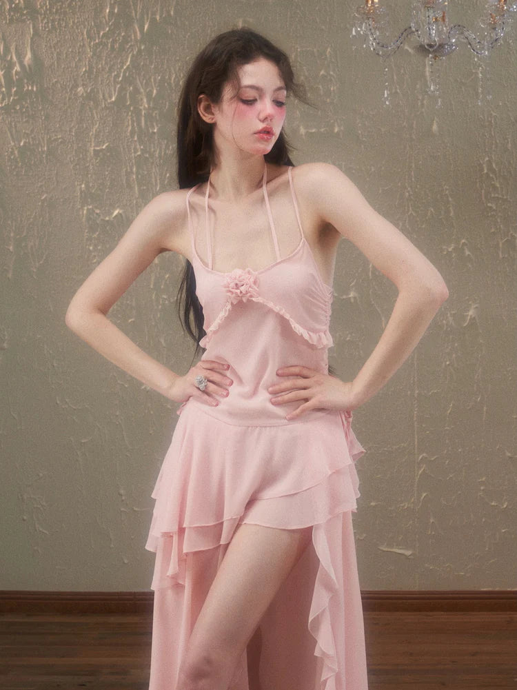 Asymmetry Ciffon Tiered Feminine Rose Long-One-Piece