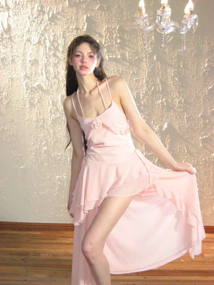 Asymmetry Ciffon Tiered Feminine Rose Long-One-Piece