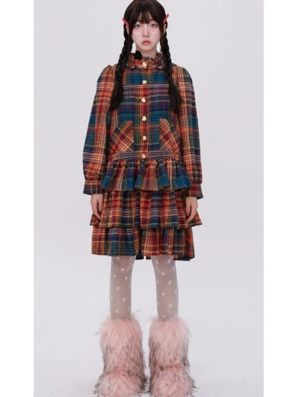 Retro Cute Fluffy Cake Rabbit Ear Plaid Dress