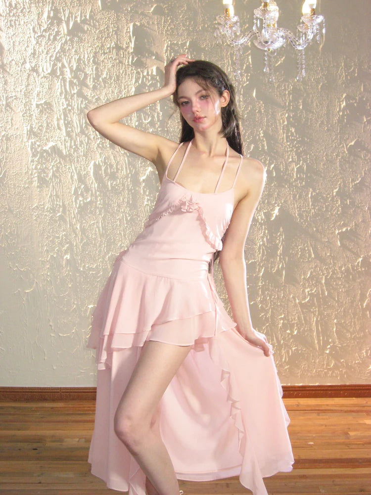 Asymmetry Ciffon Tiered Feminine Rose Long-One-Piece