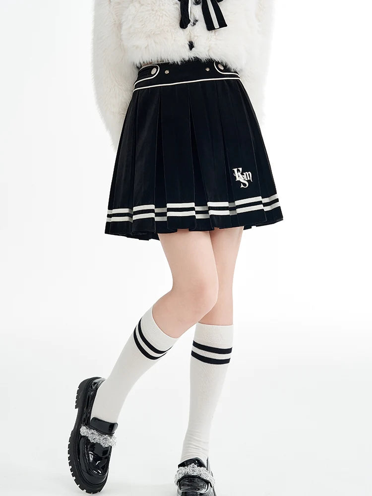 College-Style Fur Ribbon Sailor Tops & Skirt