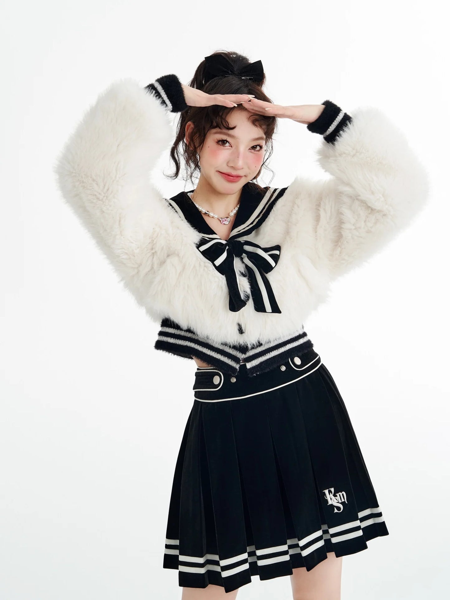 College-Style Fur Ribbon Sailor Tops & Skirt