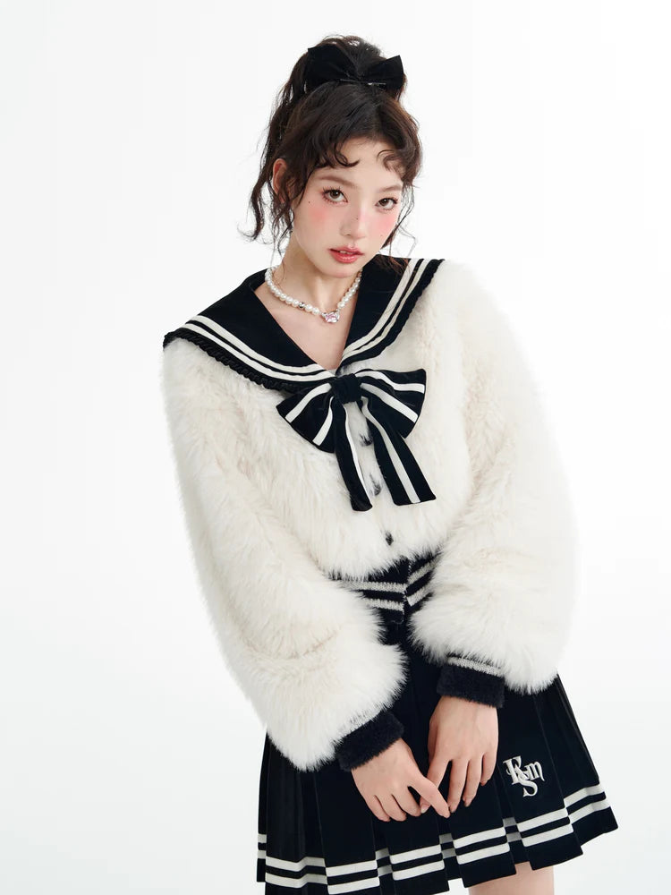 College-Style Fur Ribbon Sailor Tops & Skirt