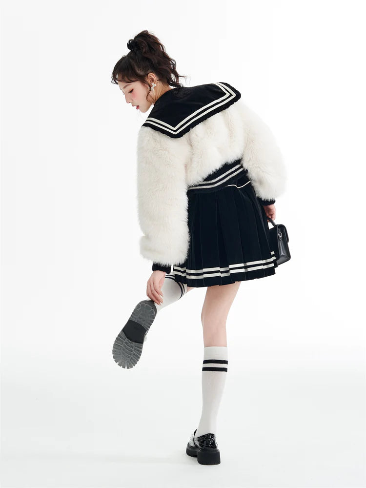 College-Style Fur Ribbon Sailor Tops & Skirt