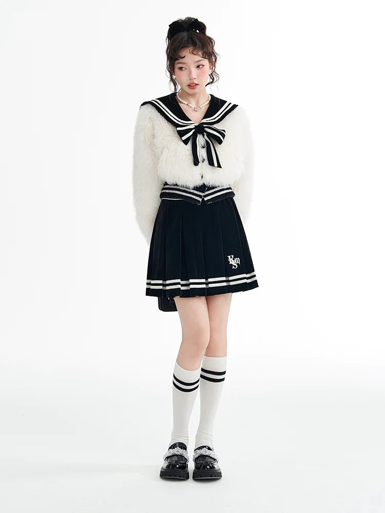 College-Style Fur Ribbon Sailor Tops & Skirt