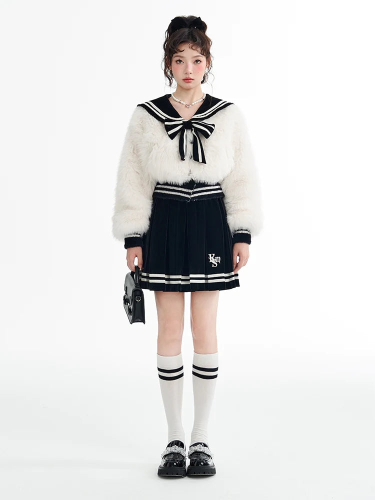 College-Style Fur Ribbon Sailor Tops & Skirt