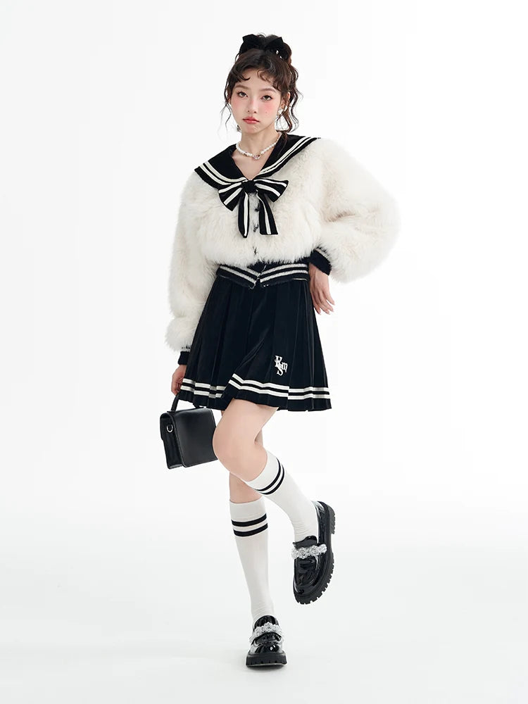 College-Style Fur Ribbon Sailor Tops & Skirt