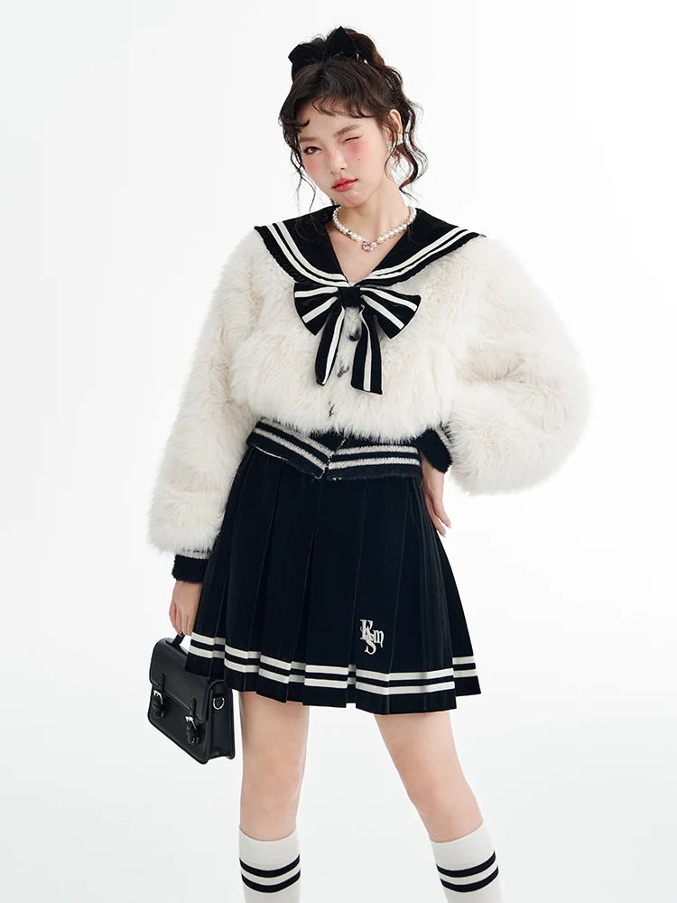 College-Style Fur Ribbon Sailor Tops & Skirt