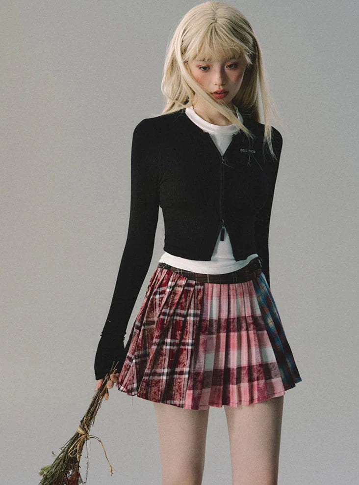 Checked Patchwork Mix Girly Cute Pleats Mini-Skirt