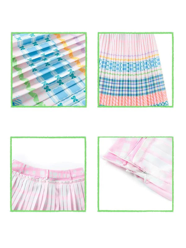 Macaron Plaid Stripe Pattern Print Pleated Skirt