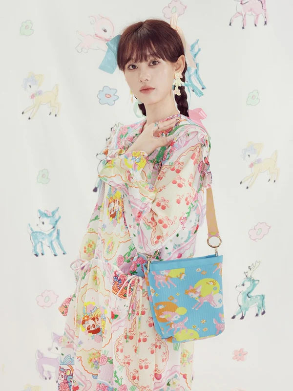 Shimizu Illustration Deer & Cute Ribbon Strap Casual Shoulder Bag