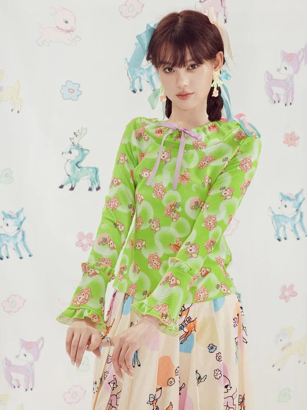 Shimizu Illustration Cute Bear Geometric Pattern Bell Sleeve Knit Tops