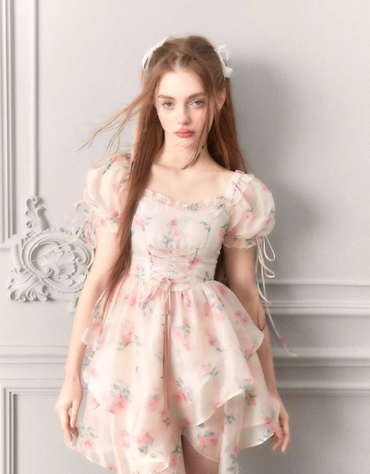 Ciffon Puff-Sleeve Princess Flower Asymmetry Lace-Up Dress