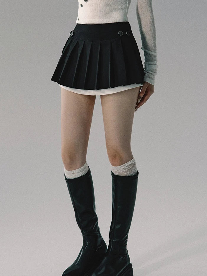 Fake-Layered Pleats Short Flare Micro-Mini Skirt